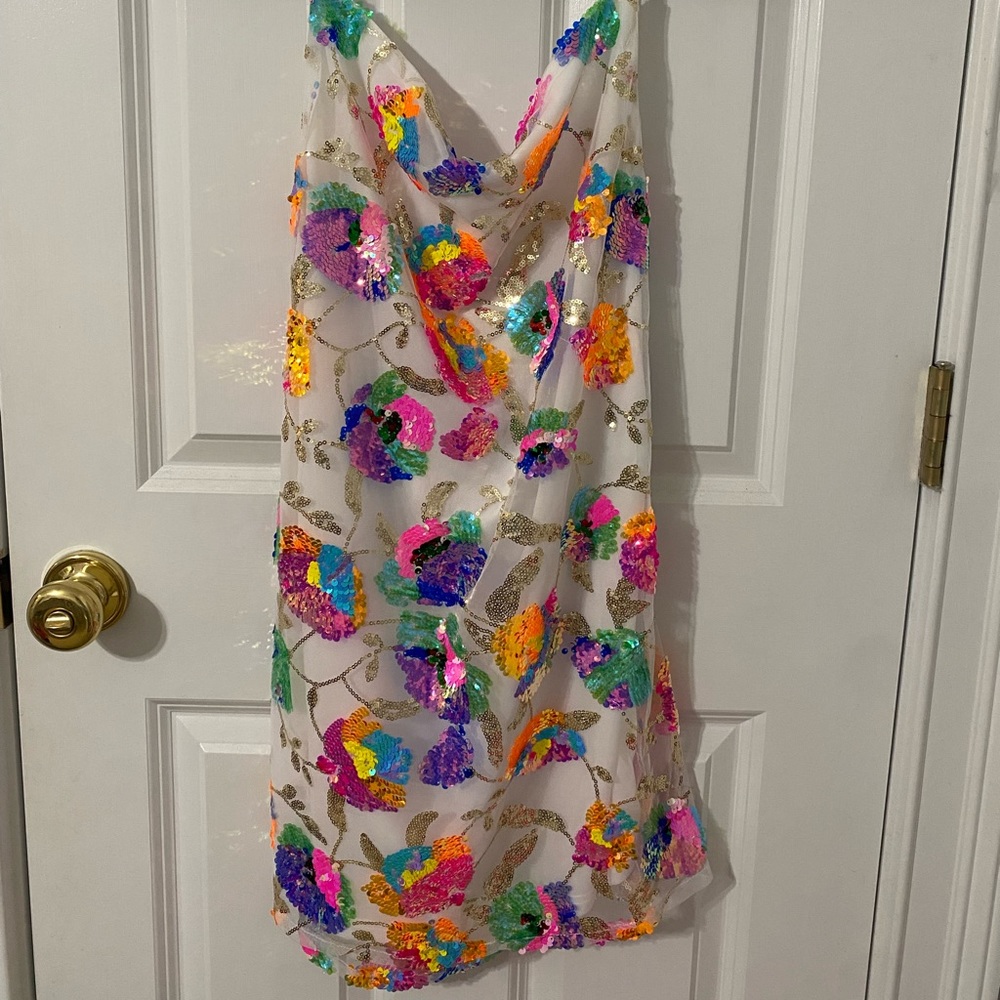 Lucy in the Sky White Mini Dress with Multicolor Sequin Floral Accents